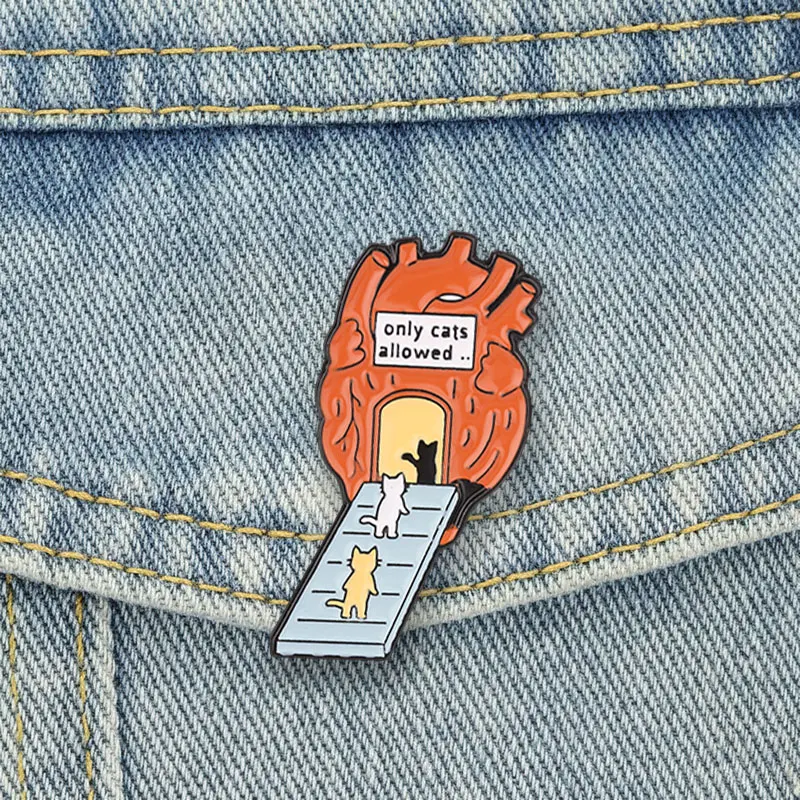 Only Cats Allowed Enamel Pins Anatomical Heart Brooches Whimsical Lapel Badge Cartoon Animal Jewelry Accessory Gifts For Friends