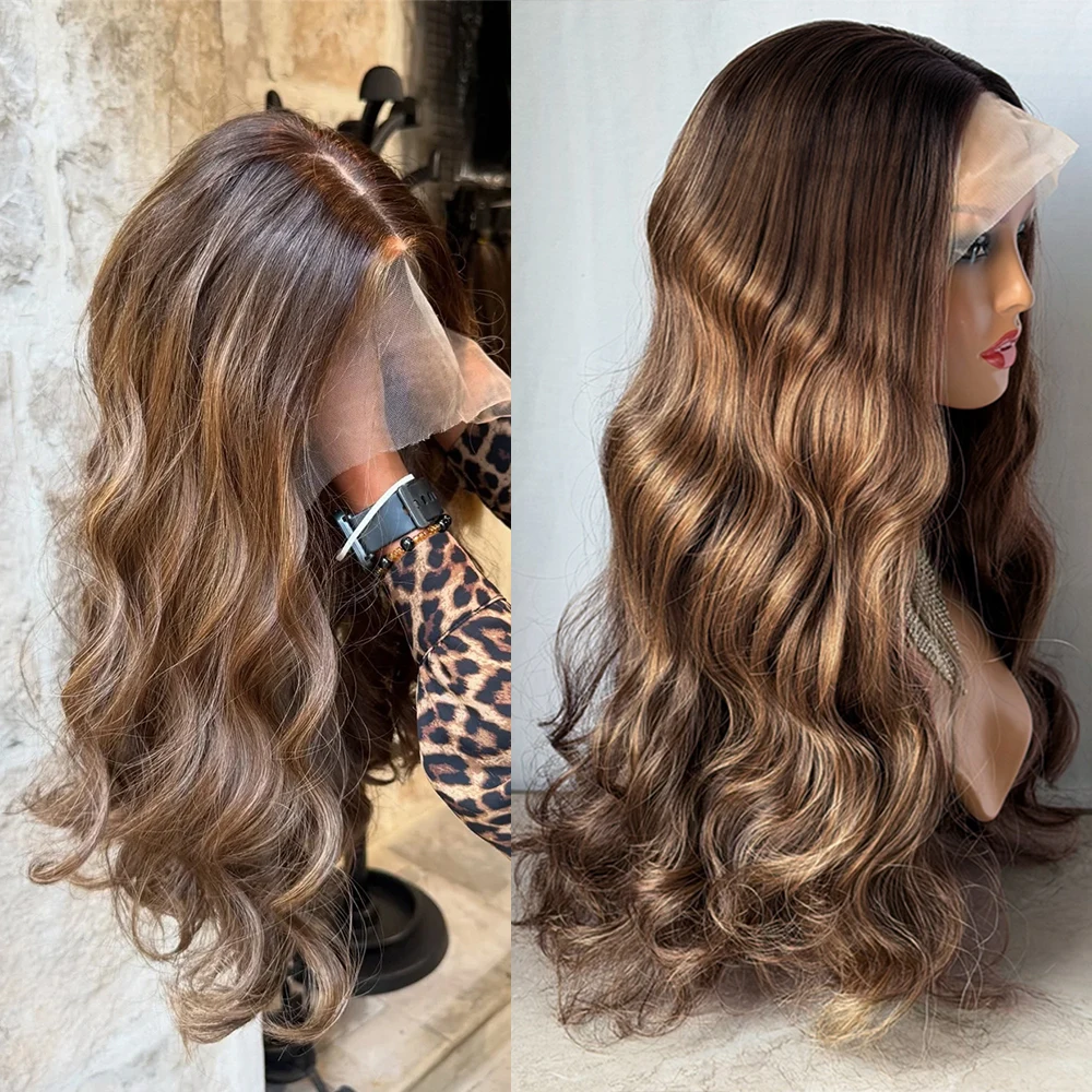 

Синтетический парик с кружевной основой без клея для женщин, коричневый с мелированием, волнистый, с центральным пробором, реалистичный вид, готов к носке