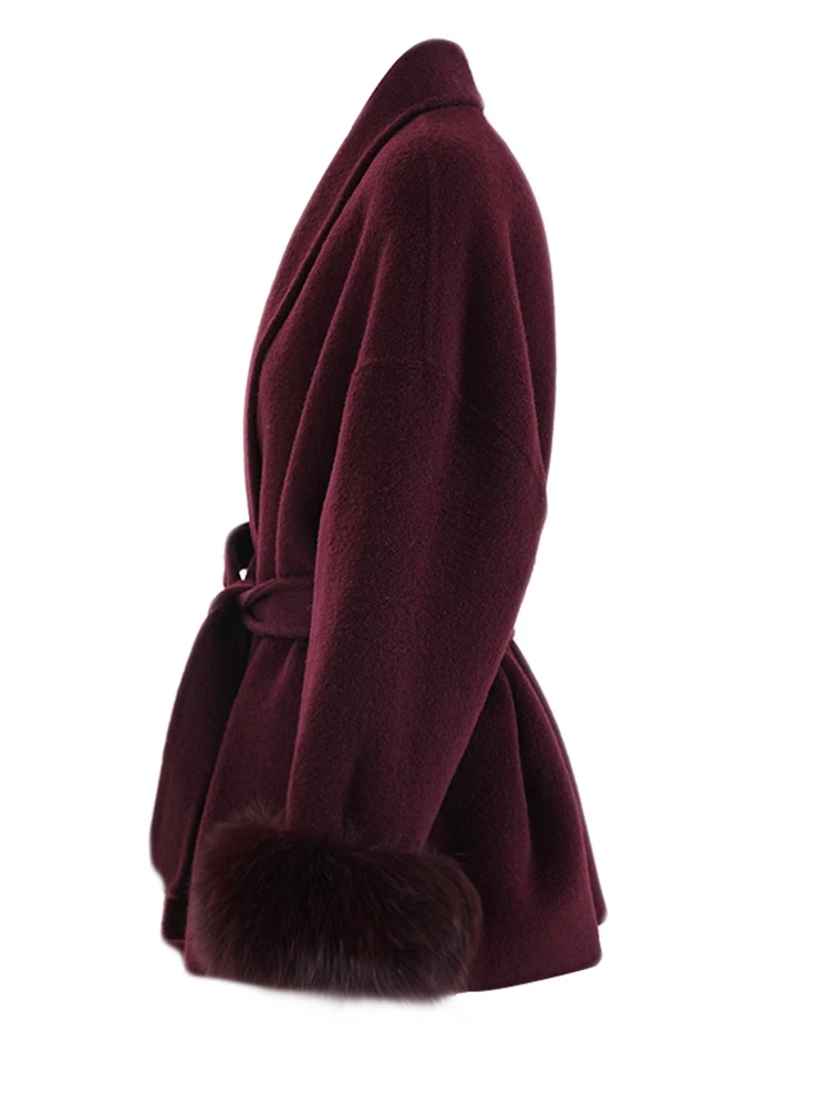 EAM Wine Red Fur Cuff Big Size Belted Woolen Coat New Lapel Long Sleeve Women Jacket Fashion Tide Autumn Winter 2025 CPG2347