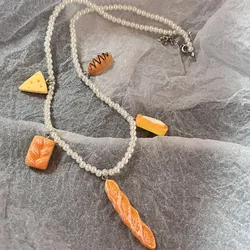 Creative Stick Bread Cheese Colorful Beads Choker Necklace for Women Cute Fun Aesthetic Accessories 2023 Trending Jewelry Gift