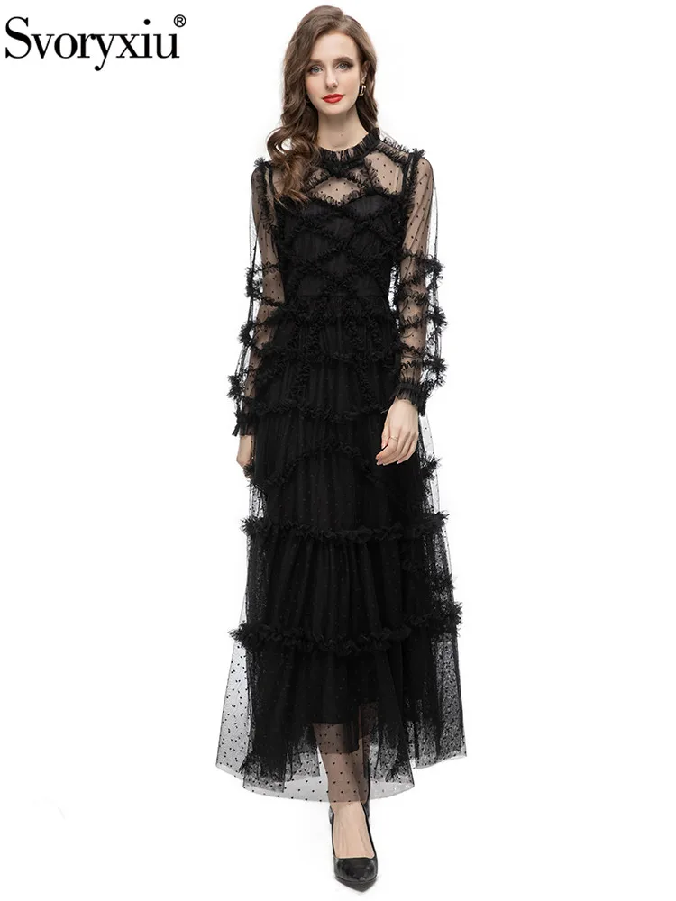 

Svoryxiu Runway Designer Spring Vintage Black Color Gauze Ankle-Length Dress Women's Lantern Sleeve Ruffles High Waist Dress