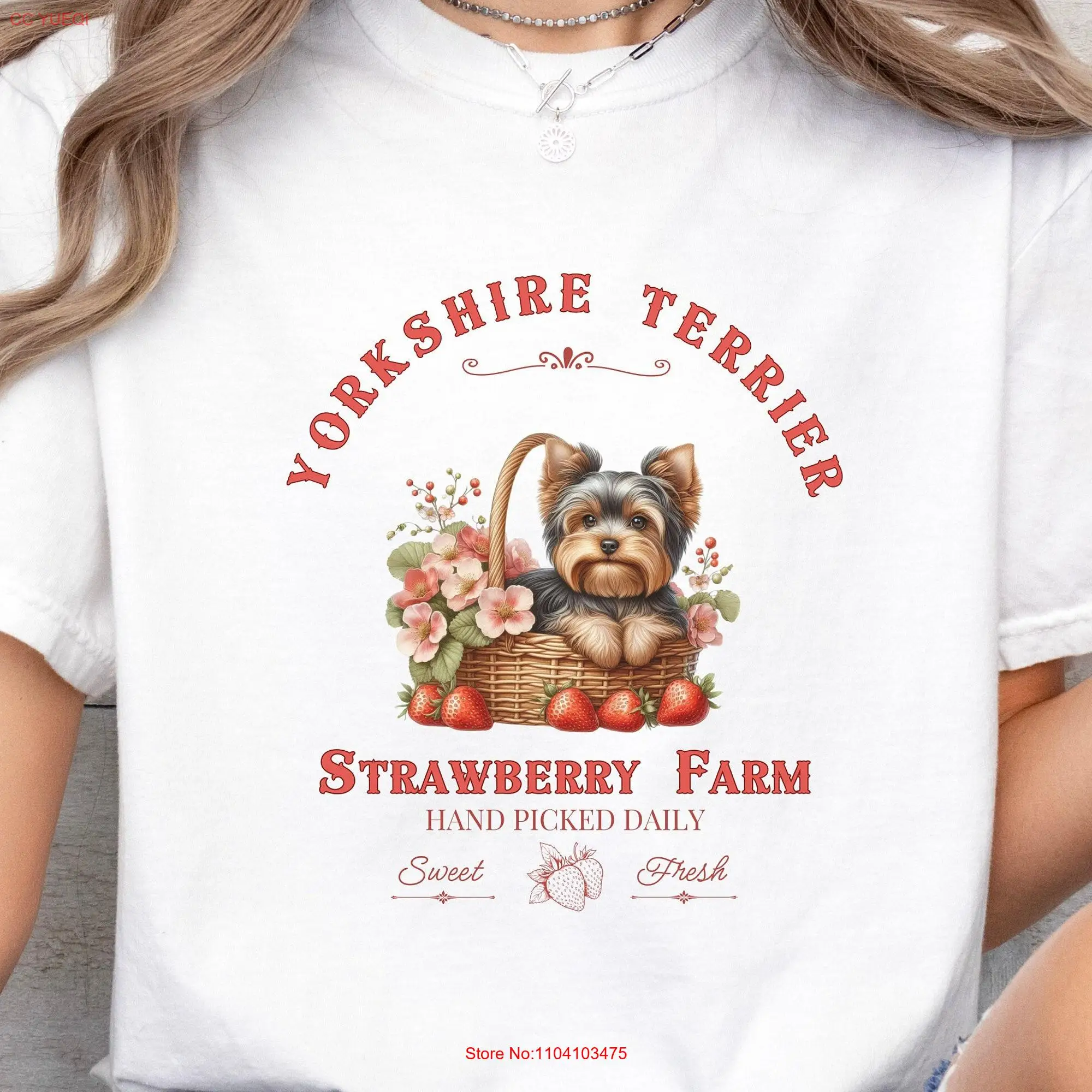 Yorkie Strawberry Farm T Shirt for Yorkshire Terrier Lovers Dog Mom Owner Mama Person long or short sleeves