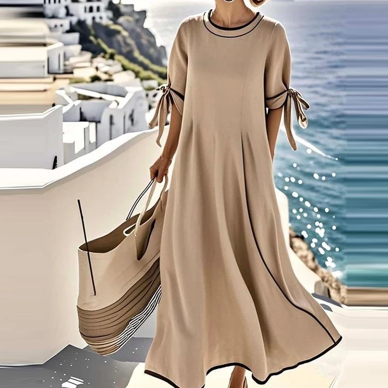 2025 Spring Summer Tie-up Short Sleeve Boho Dress Women Fashion Contrast Color O Neck Long Dress Casual Loose A-Line Beach Dress