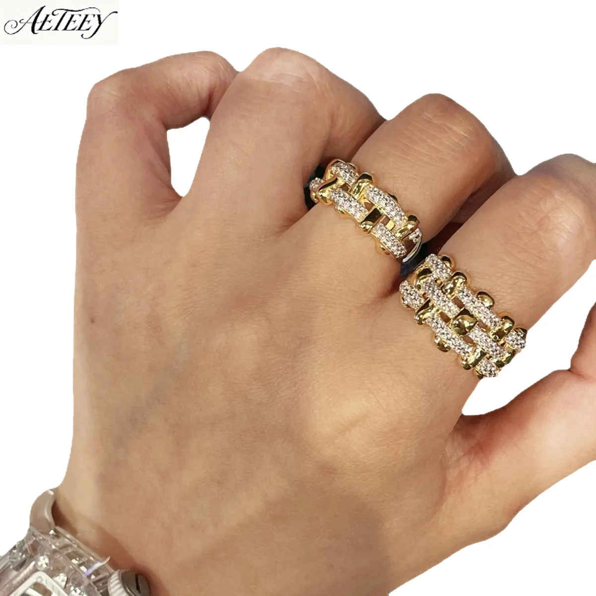 AETEEY S925 Sterling Silver Gold Plated Braided Three Layer Micro Pave Ring Light Luxury Women Finger Jewelry