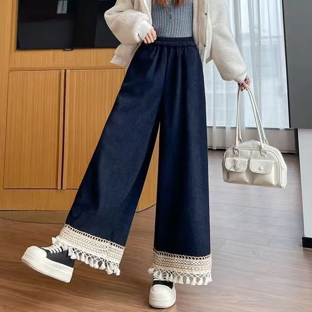 

Fleece and thickened corduroy wide-leg pants women's winter new high-waisted thin loose-fitting fringed casual nine-point pants
