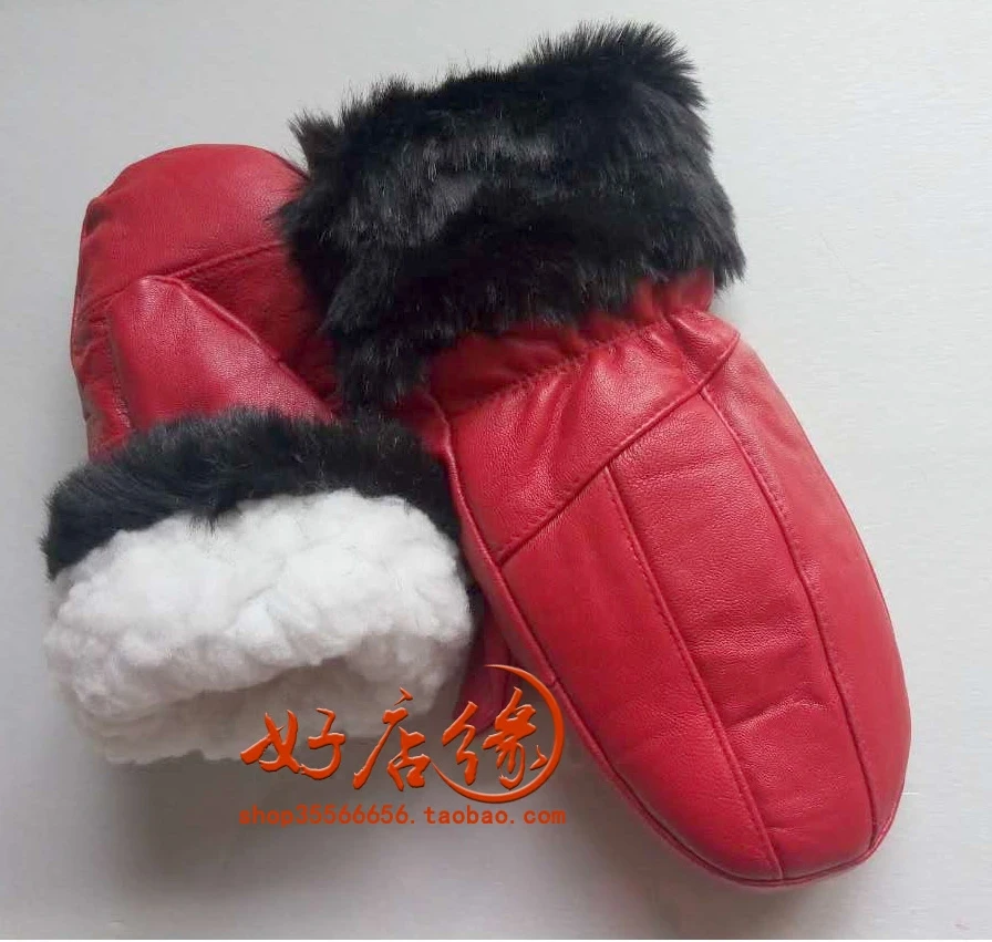 Woman autumn velvet solid thick 100% sheepskin Gloves female winter warm 100% leather fold Mittens lady sheepskin glove