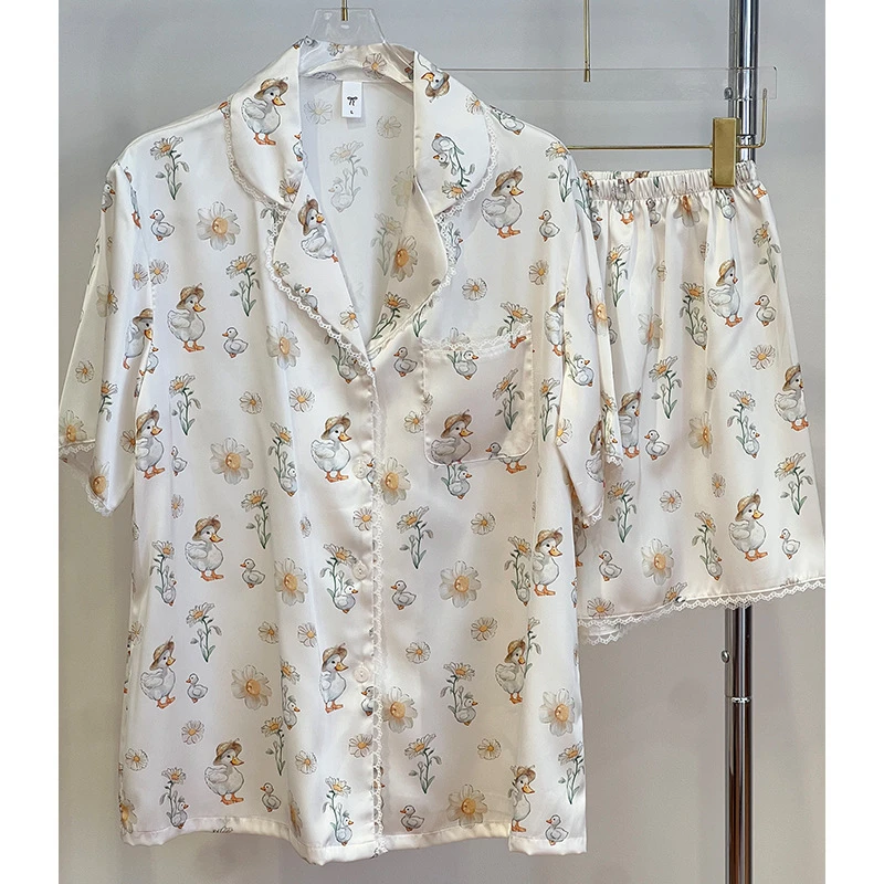 Cute Cartoon Duck Print Home Clothes 2PCS Pijama Spring Summer New Pijama Mujer Loungewear Shirt Pants Lady Loungewear 4