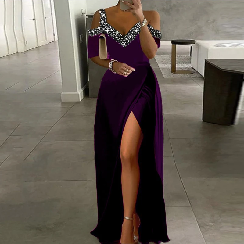 Women V Neck Off Shoulder Long Dress Summer Hollow Out Glitter Patchwork Party Dress Elegant High Waist Split Slim Evening Dress