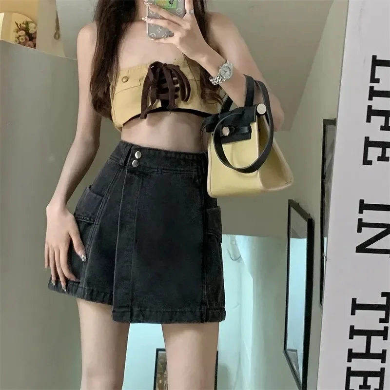 Korean Style High Waist Skirt Shorts Women 2025 New Summer Pockets Denim Shorts Woman Double Button A Line Skirt Pants Female