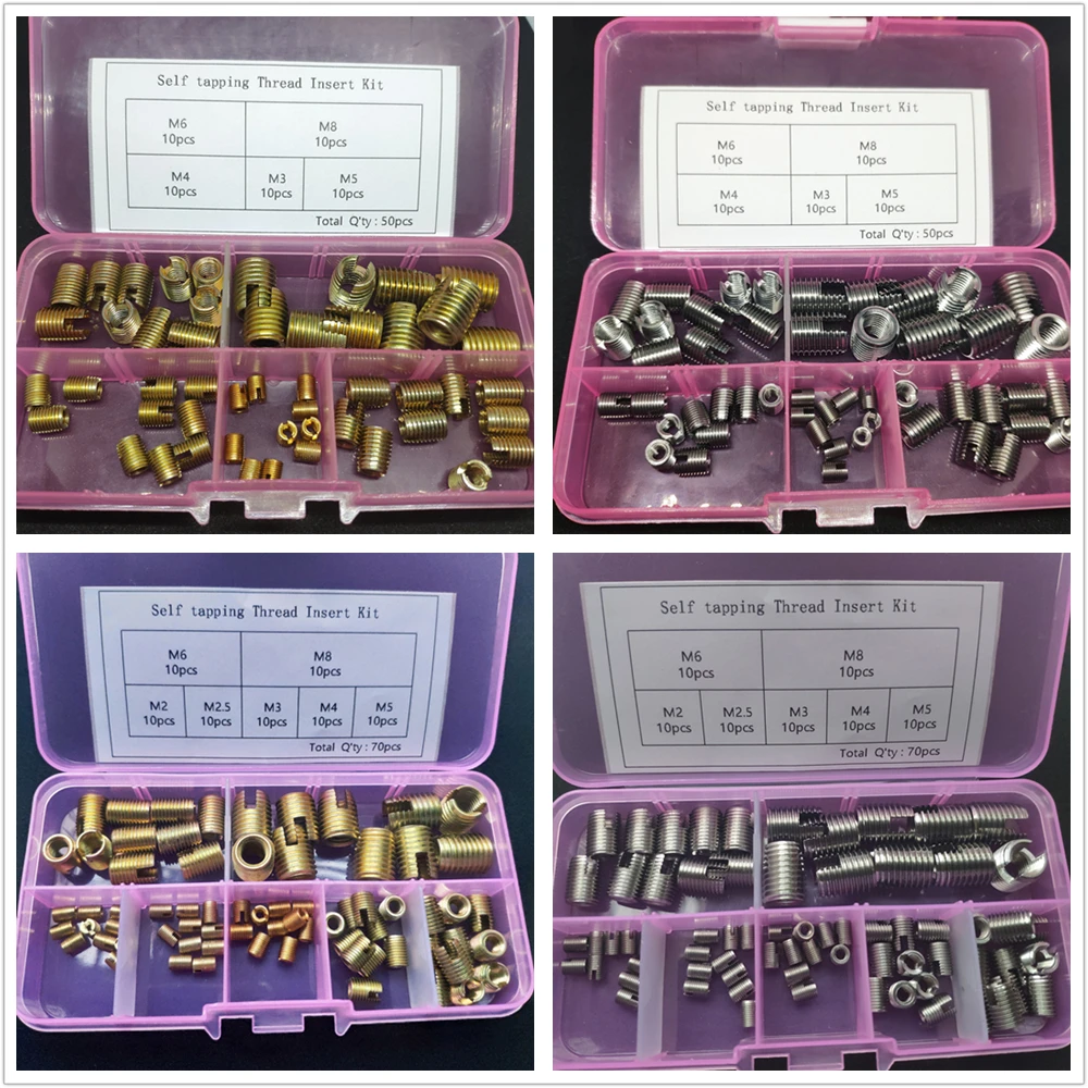 50/70pcs M2 M2.5 M3 M4 M5 M6 M8 Mix Self Tapping Thread Insert Kit Self Tapping Screw Bushing Slotted Type Thread Repair Inset