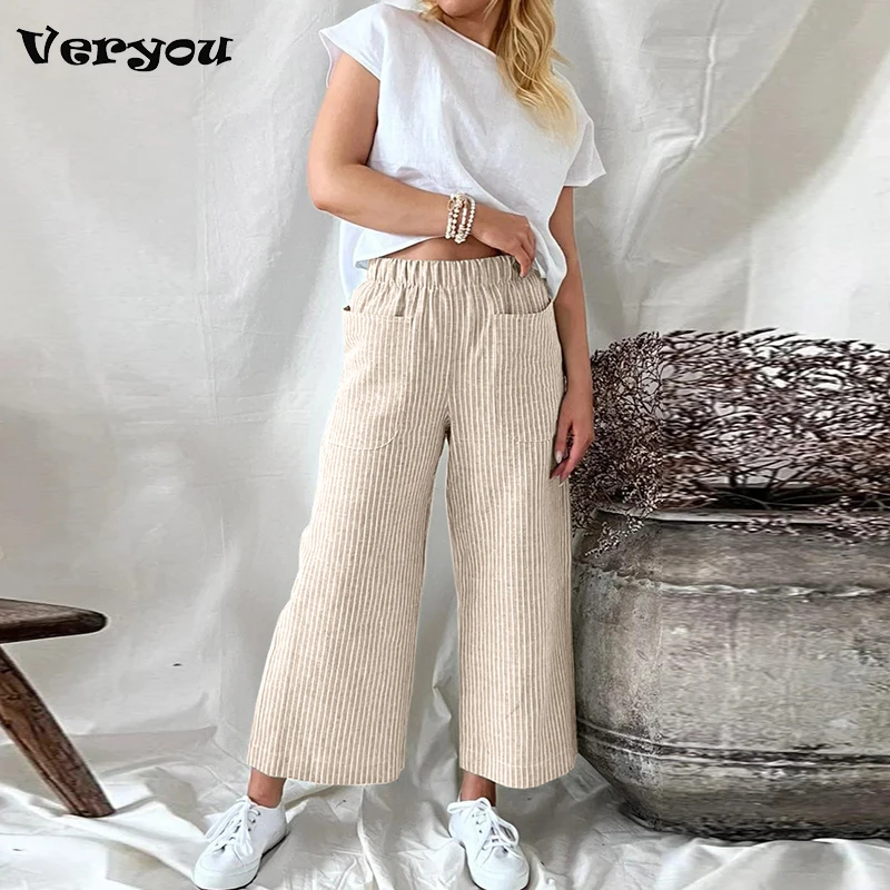 

2023 Summer Cotton Linen Women's Long Pants Solid Color Elastic Waist Pleated Button Loose Pants Female New Casual Ladies Bottom