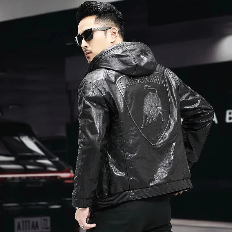 

New 2024 Faux Leather Mixed Artificial Men Short Hood Biker Jacket Youth Fashion Handsome SlimFit Printed