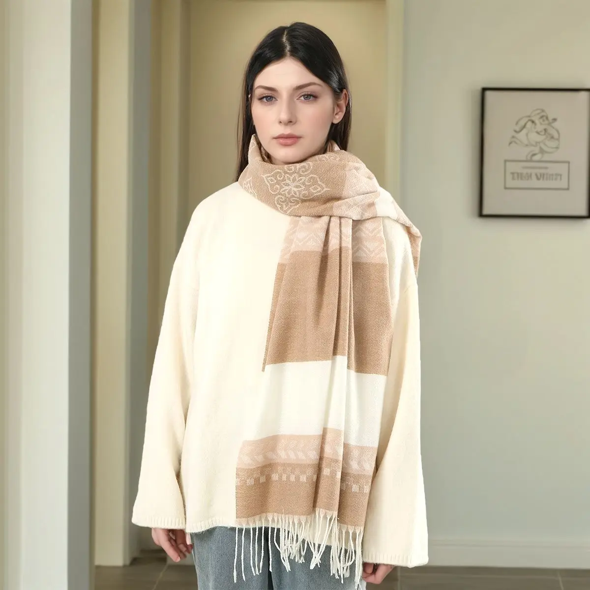 

Зимний женский клетчатый шарф, шали и накидки из пашмины, теплый шейный платок с полосатым принтом, роскошные женские повседневные шарфы с кисточками 185*70 см