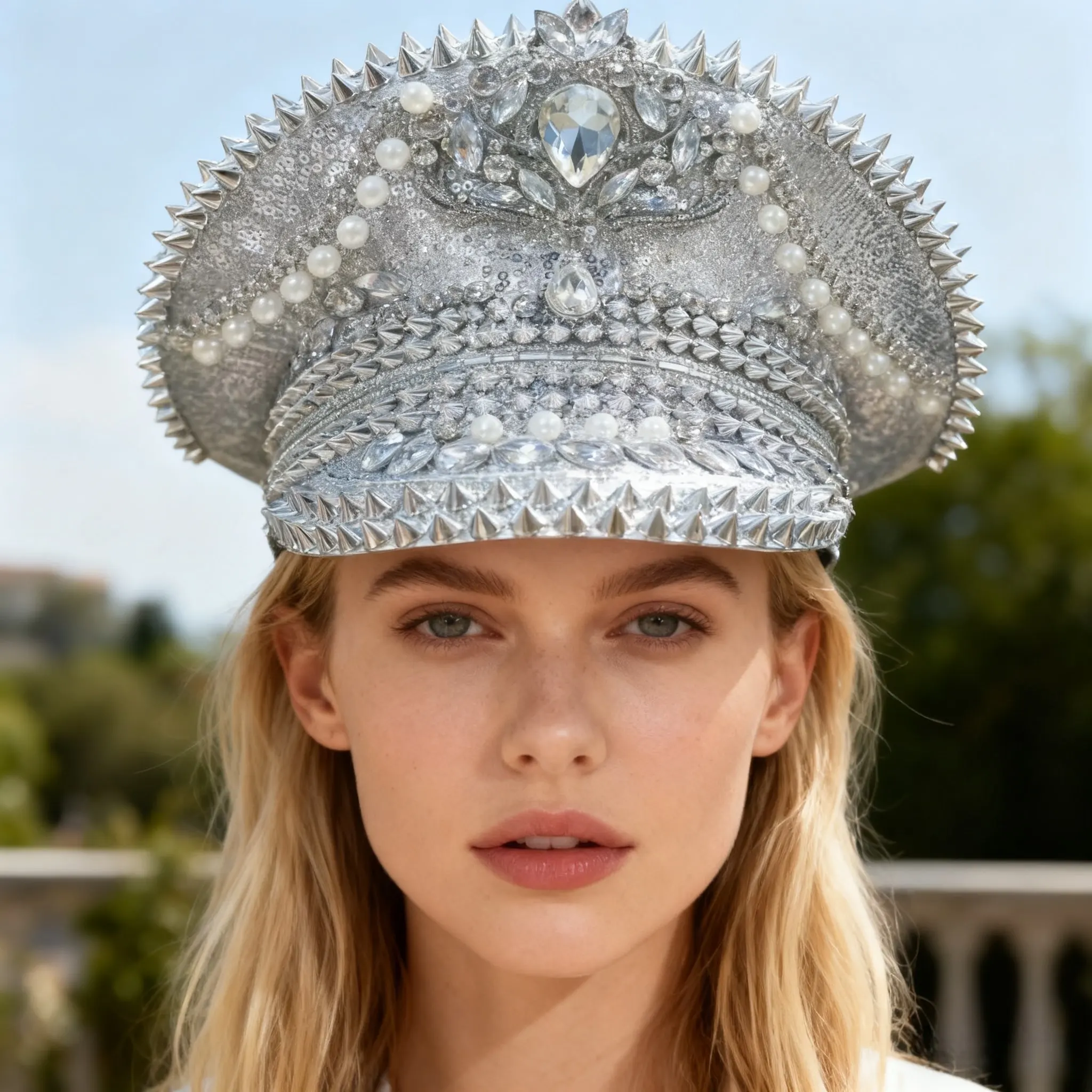 HongLuan Yellow Laser Leather Loop Captain Hat Rhinestone & Military Caps for Woman, Rave Festivals Accessories ＆ Party Cap Man