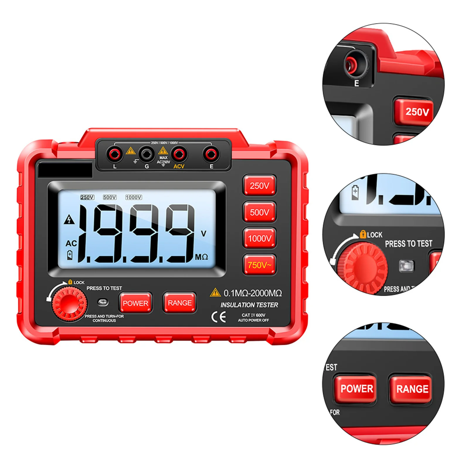

1Set Digital Megohmmeter Insulation Resistance Tester 250V 500V 1000V Adjustable Output Strong Load Capacity LED Hv Indicator