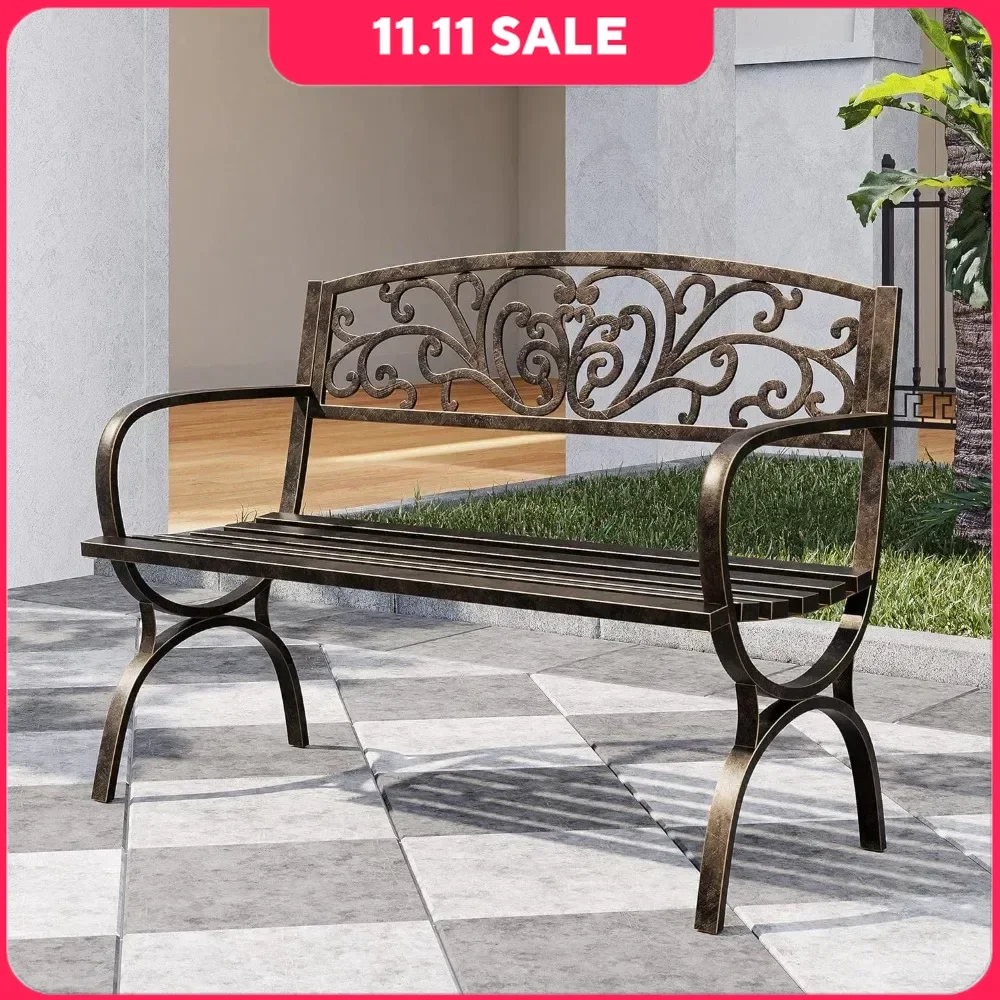 

Outdoor Garden Bench, 50 inch Cast Iron Metal Loveseat Chairs with Armrests for Park, Yard, Porch, Lawn, Bronze Patio Benches