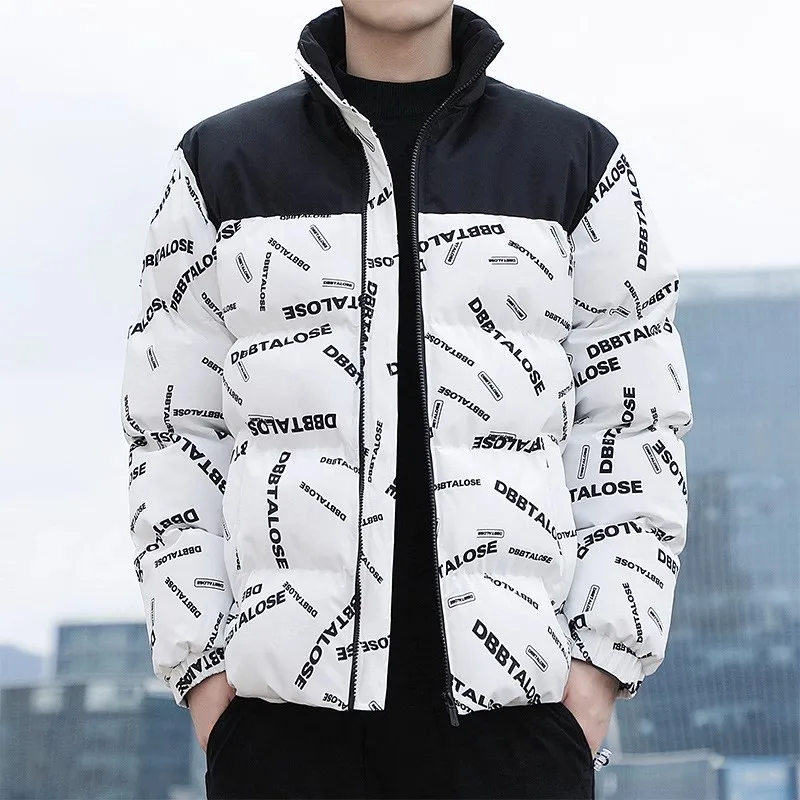 Winter Down and Cotton Jacket Korean Version Fashion Letter Print Design Stand Collar Sports Cotton Coat Casual Men's Clothing