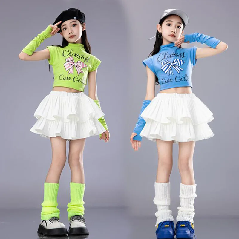 Hip Hop Outfits Kids Crop Top Street Dance Tiered Skirts Girls Streetwear Children Cheerleader Costumes Stage Jazz Clothes Sets