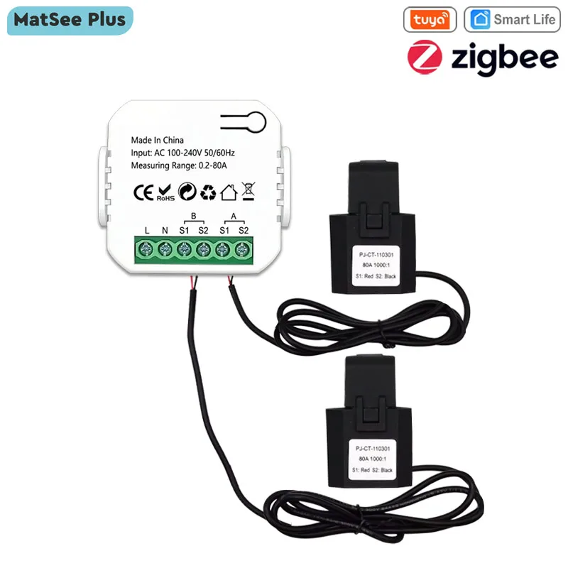 Inteligente ZigBee Electricidade Digital Medidor de 2 vias 1, 2 canais bidirecional com braçadeira transformadora atual Tuya App Monitor de potência 110V/240VAC 50/60Hz