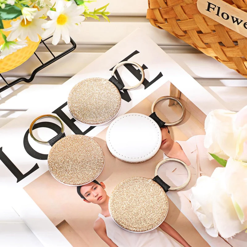 16-teiliger Sublimationsrohlinge-Schlüsselanhänger, glitzernder PU-Leder-Schlüsselanhänger, Wärmeübertragungs-Schlüsselanhänger für DIY-Bastelarbeiten, rund, langlebig