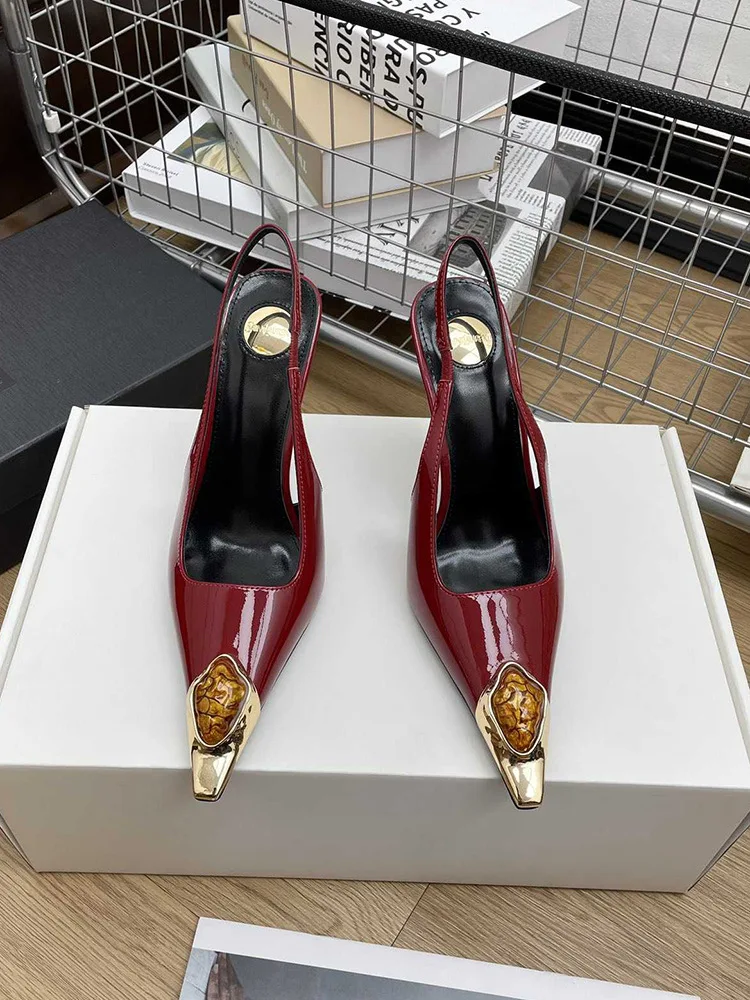 New Spring and Summer Women's High Heels High-end Metal Square Head Patent Leather Stiletto Comfortable Back Sandals