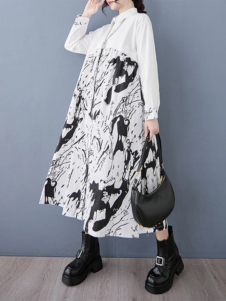 NYFS 2025 فستان نسائي ربيع الخريف فضفاض حجم كبير طباعة المرقعة فساتين طويلة رداء Elbise كم طويل نمط غير رسمي