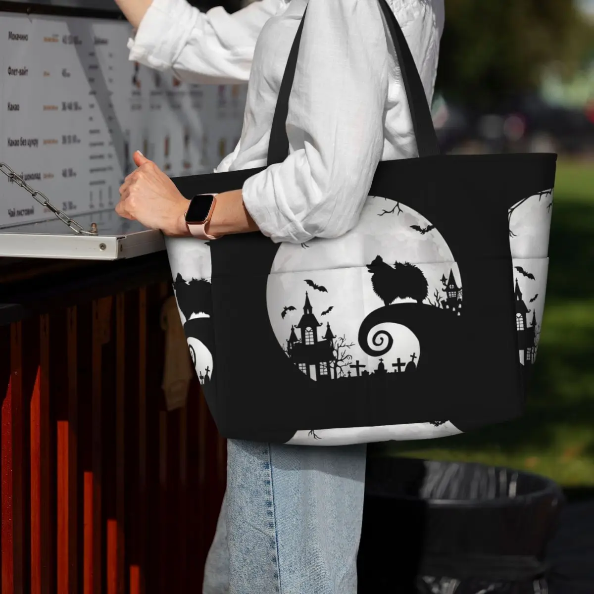 كلب صغير طويل الشعر والقمر هالوين حقيبة حمل على الشاطئ حقيبة رياضية رياضة اليوغا واق من المطر حقيبة حمل كبيرة المرأة حقيبة سفر حقيبة اللياقة البدنية #2