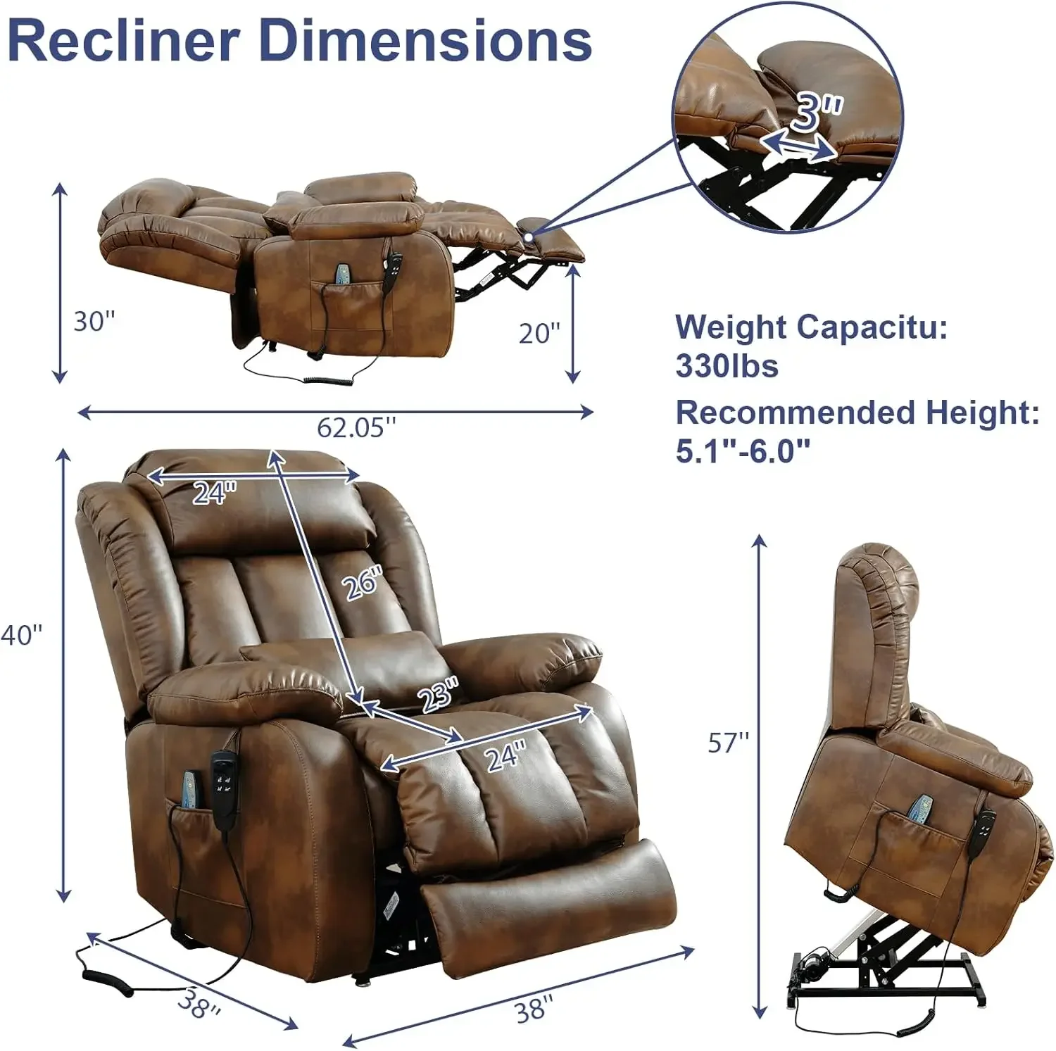 Dual Motor Recliner for Elderly,Extended Footrest and Lumbar Pillow for Tall Man with Heat and Massage USB and Type-C Ports