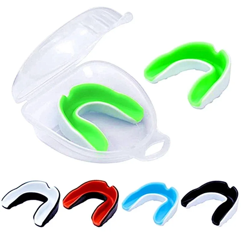 Nuevo protector bucal de boxeo EVA de dos colores para adultos, caja de tirantes para dientes deportivos, Taekwondo Sanda Rugby MMA, suministros de protector bucal con caja