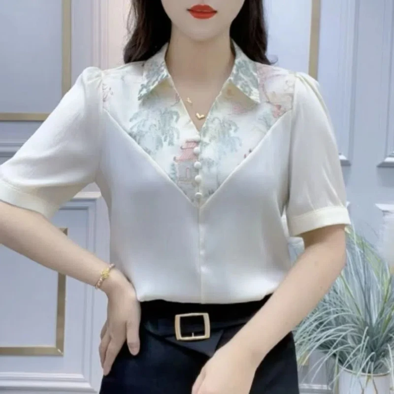 Summer Women's Clothing Printing Plant&Flowers Short Sleeve Patchwork T-shirt Pullover Turn-down Collar Casual Office Lady Tops