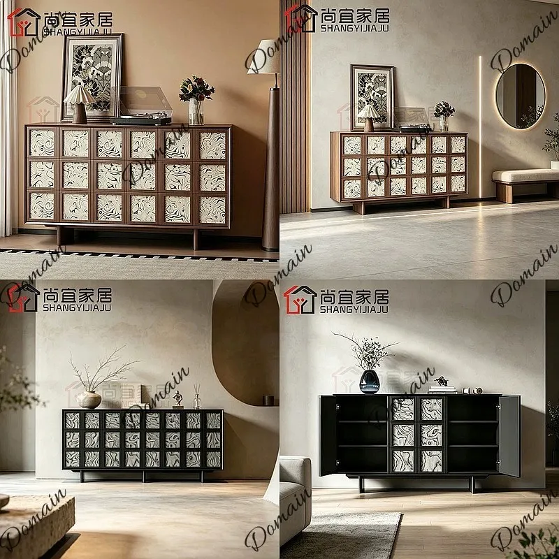 Vintage Wabi-Sabi Sideboard with Ink Wash Pattern Entryway Storage Cabinet for Living Room Retro Buffet