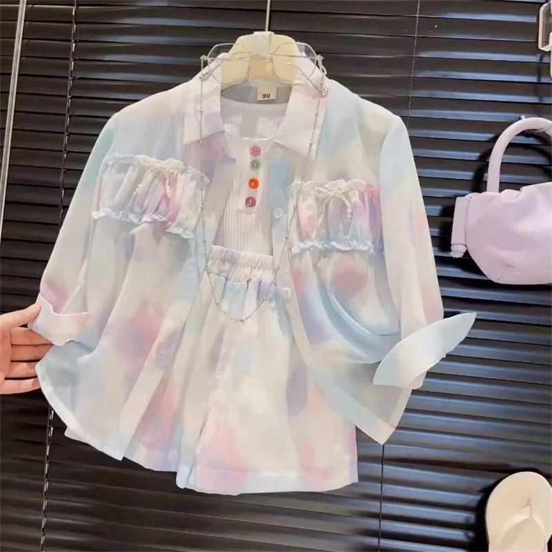 

Summer Fashionable and Cool Sun Protection Outfit for Girls, Children's Air Conditioning Shirt＋Vest＋Shorts Three-Piece Set