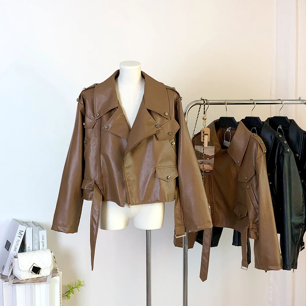 

Women's Spring Autumn Cool Girl Pu Leather Long Sleeve Loose Jacket Lady Streetwear Zipper Motorcycle Short Faux Leather Outwear