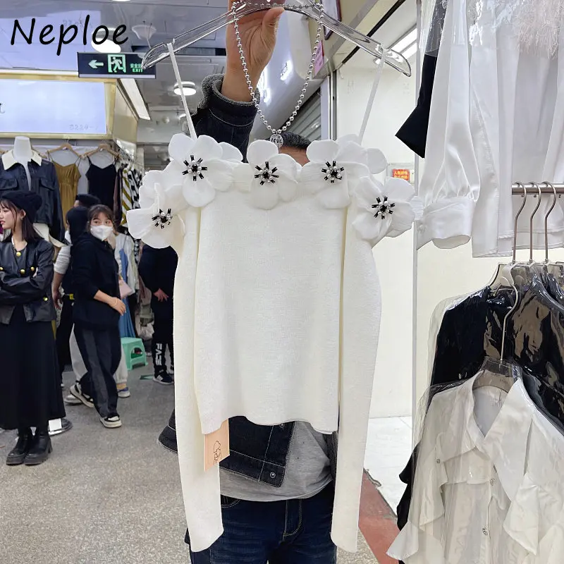 Neploe French Soft Glutinous Elegant Tops Femme 2024 Spring Summer Simple Off Shoulder Solid Color Slim Sweater Suspender Shirts