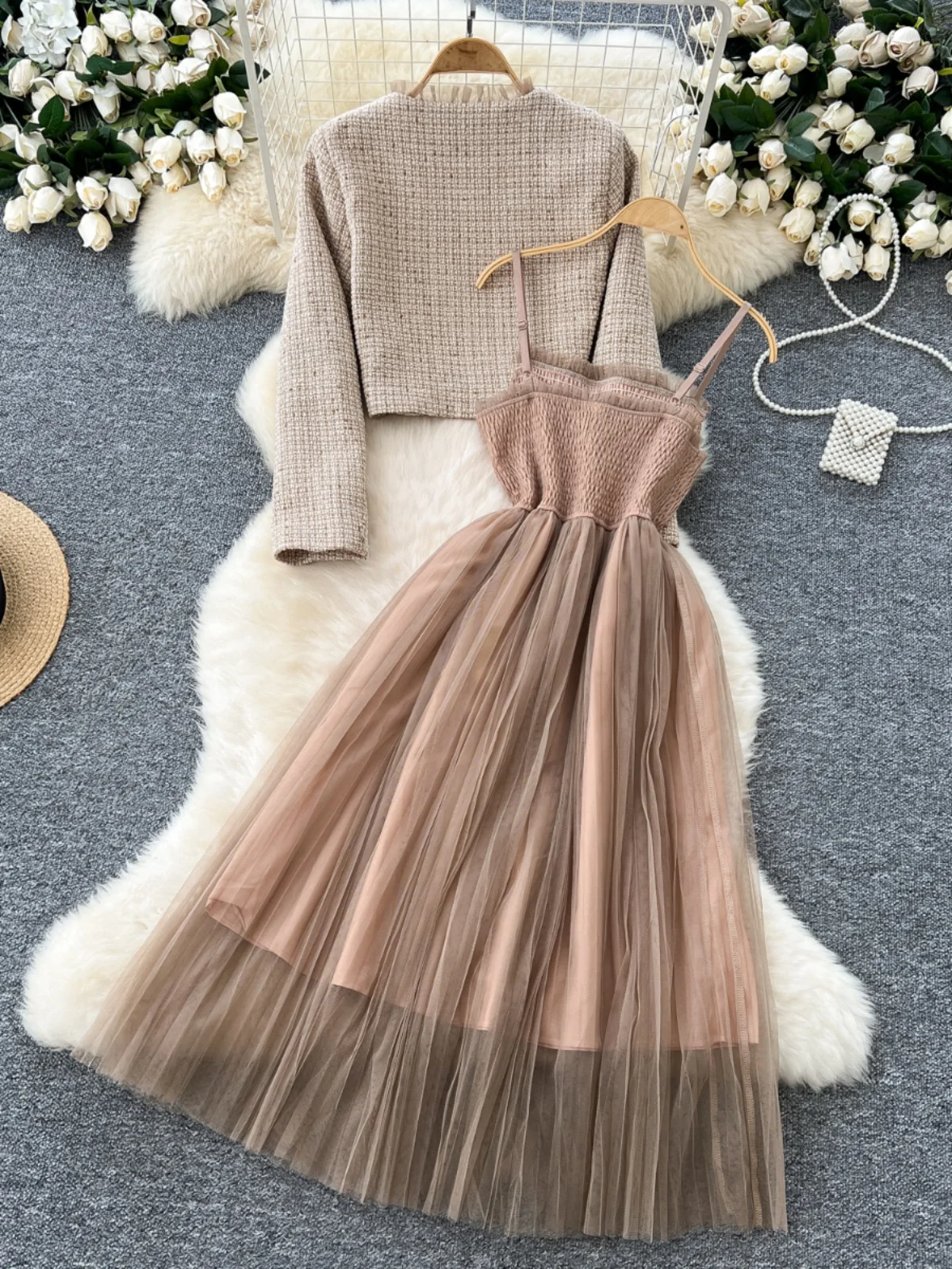 

Sle Set Women's Autumn Waist-Cinching Strap Me Dr + Long Sve Thi Tweed ort Jaet Faionable Ensemble