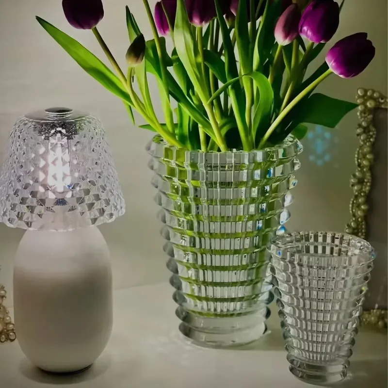 30cm Modern Crystal Glass Eye Vase Sparkling Cylindrical Square Pattern Large Tabletop Decoration for Wedding Home Hotel