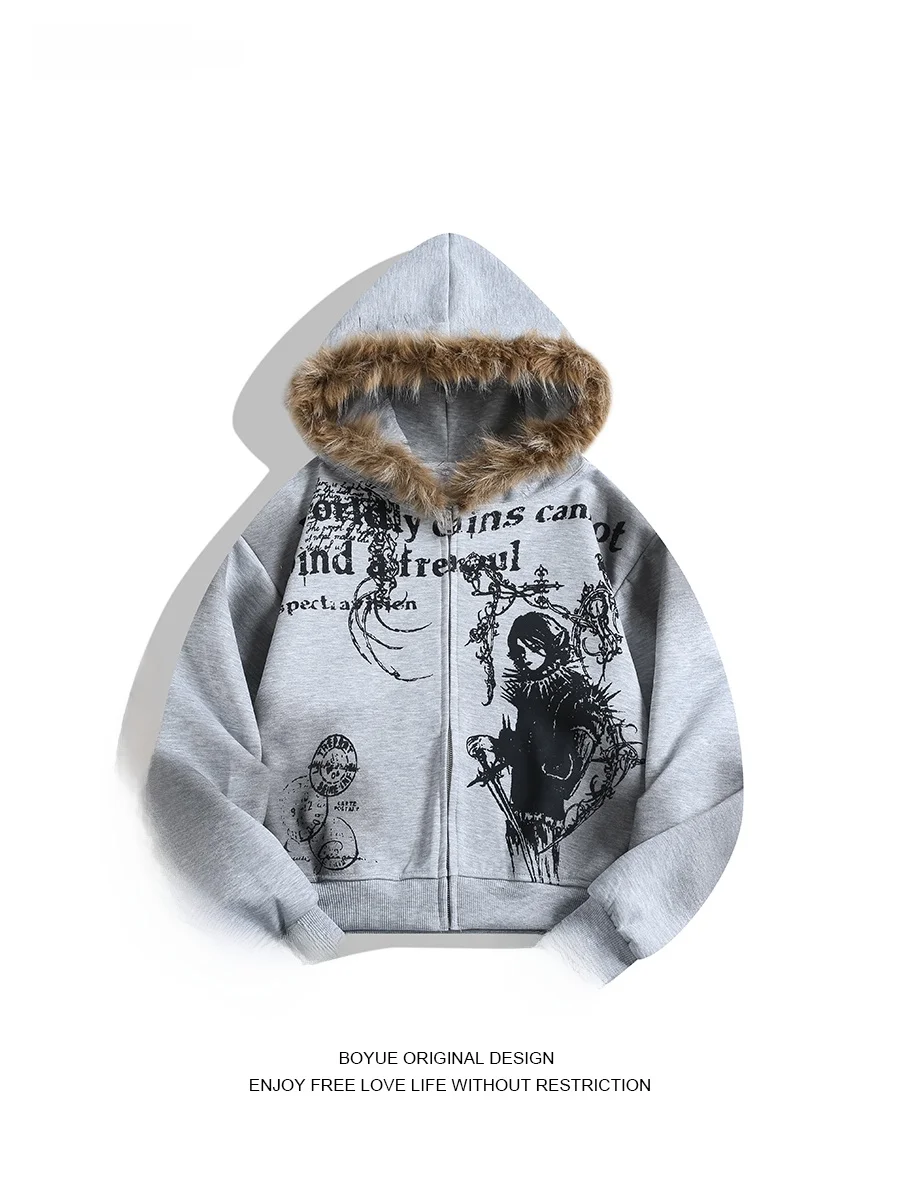 

Толстовка Boyue American Street с капюшоном и меховым воротником, окрашенная, цвет K, для весны, осени и зимы