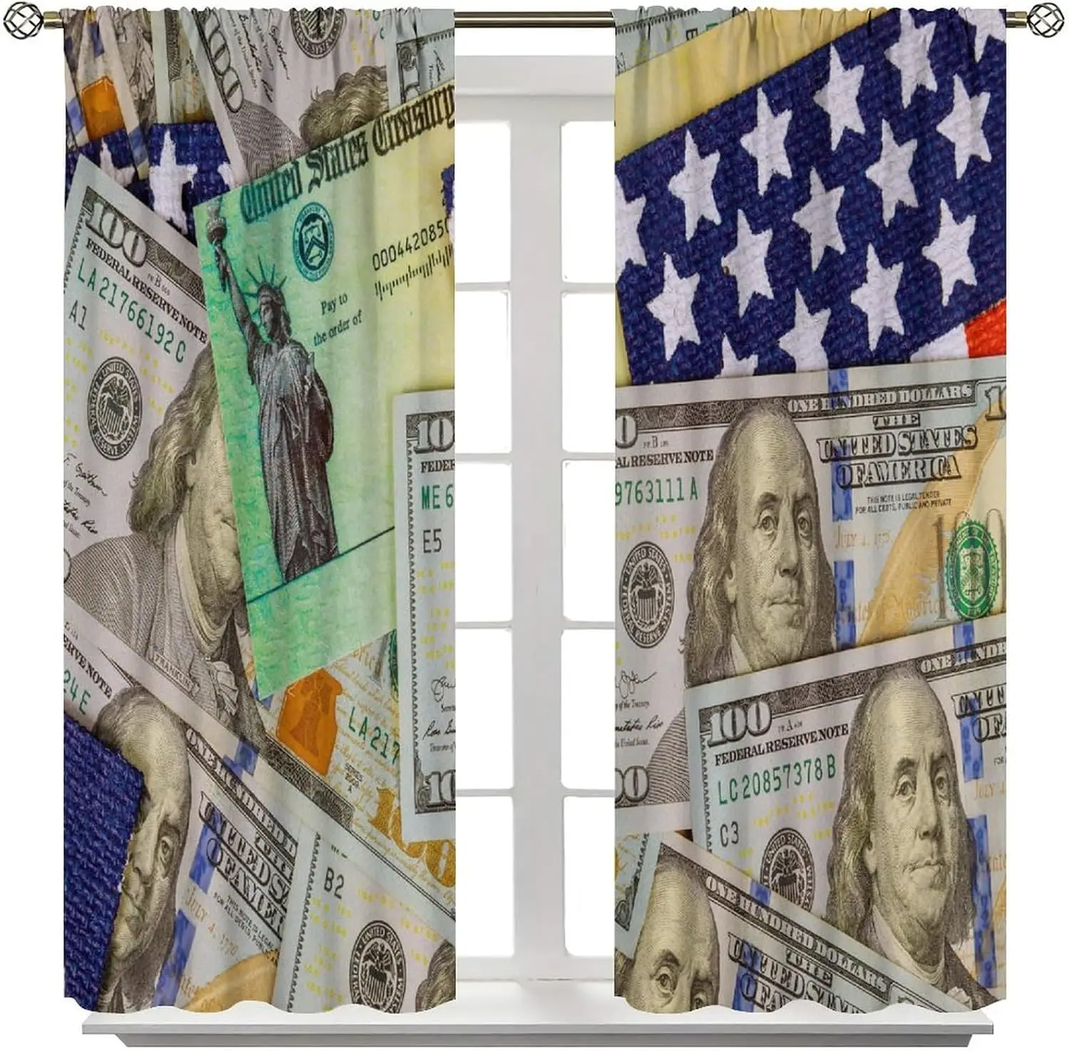 Unique US Dollar Bills Money Print Curtain Drapes American Cash Art Window Curtains Patriotic Home Decor for Living Room Decorat