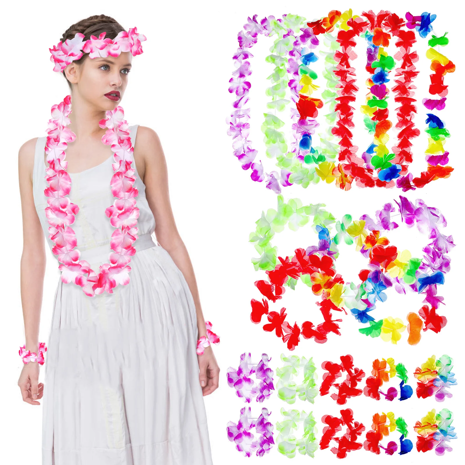 

Grass Skirt Suit 6 Sets Hawaiian Flower Garland Party Pennant Orange Red Pink Purple Classic Thick Plastic Leis Necklace Luau