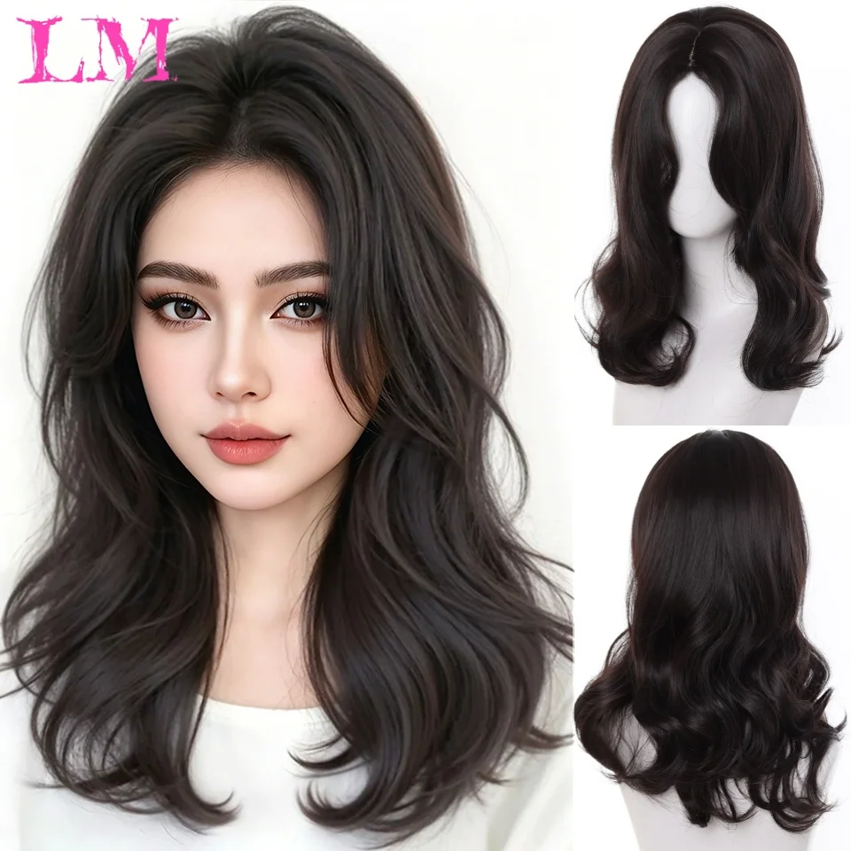 LM Korean Dark Brown Shoulder Length Wavy Bob Wig, Synthetic Layered Side Part Full Wig for Ladies Daily Casual Styling