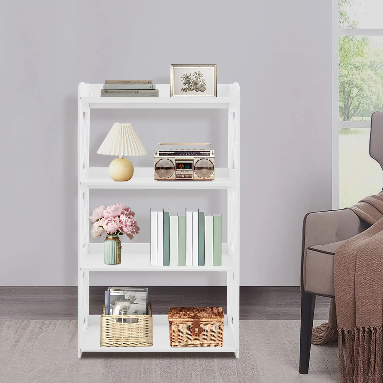 4-stufiges PVC-Bücherregal, weißes offenes Regal mit geräumiger Stauraum, stabiles wasserabweisendes Bücherregal, moderner, bodenstehender Organizer – Detail 2