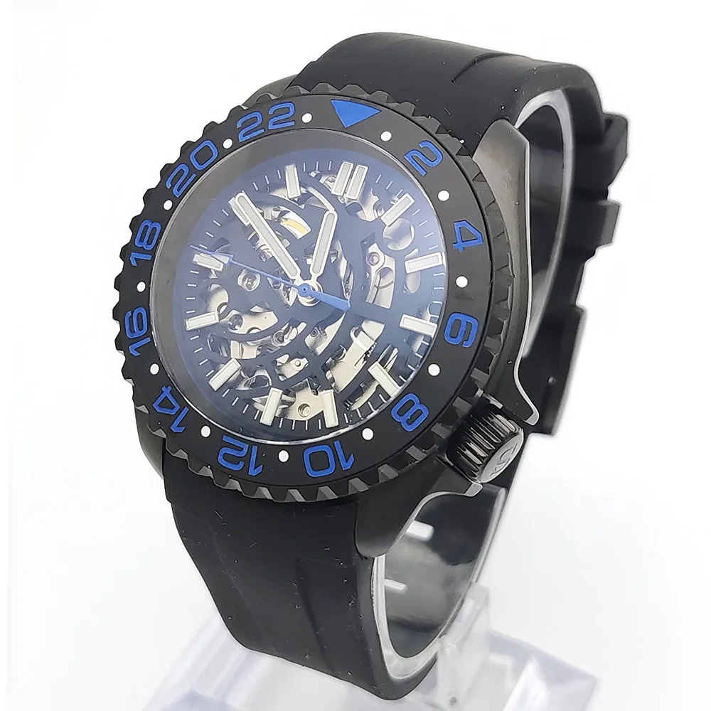 Men's NH70 Automatic Mechanical Watch Black Business Fashion Watch Sapphire Glass Transparent Back Luminous Skeleton Dial