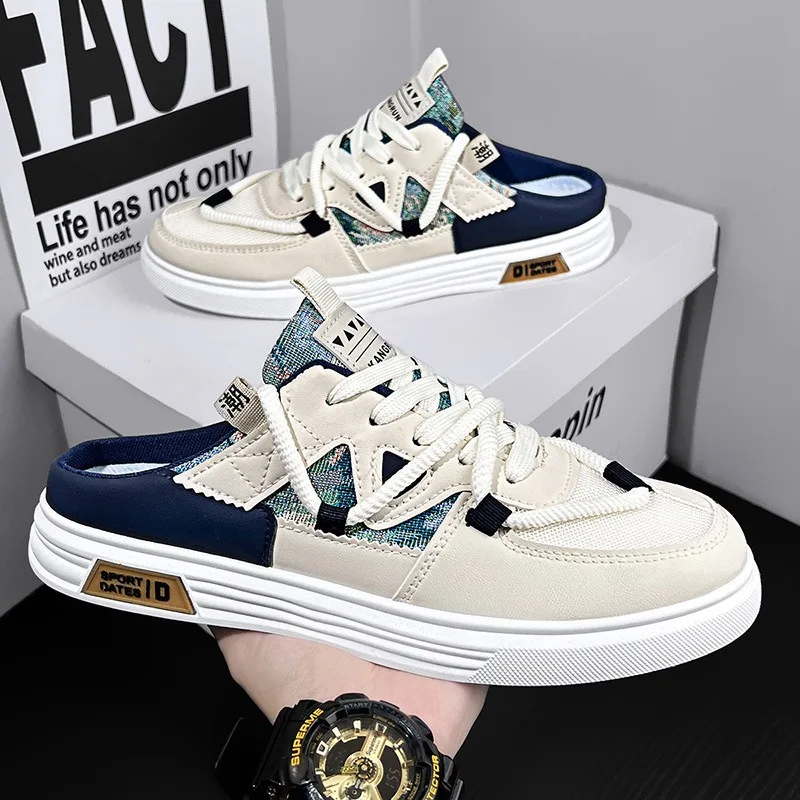 

2025New Men's Shoes Summer Breathable Canvas Casual Shoes Half Slippers for Men Comfortable Sneakers Slip-On Men's Loafers Tenis