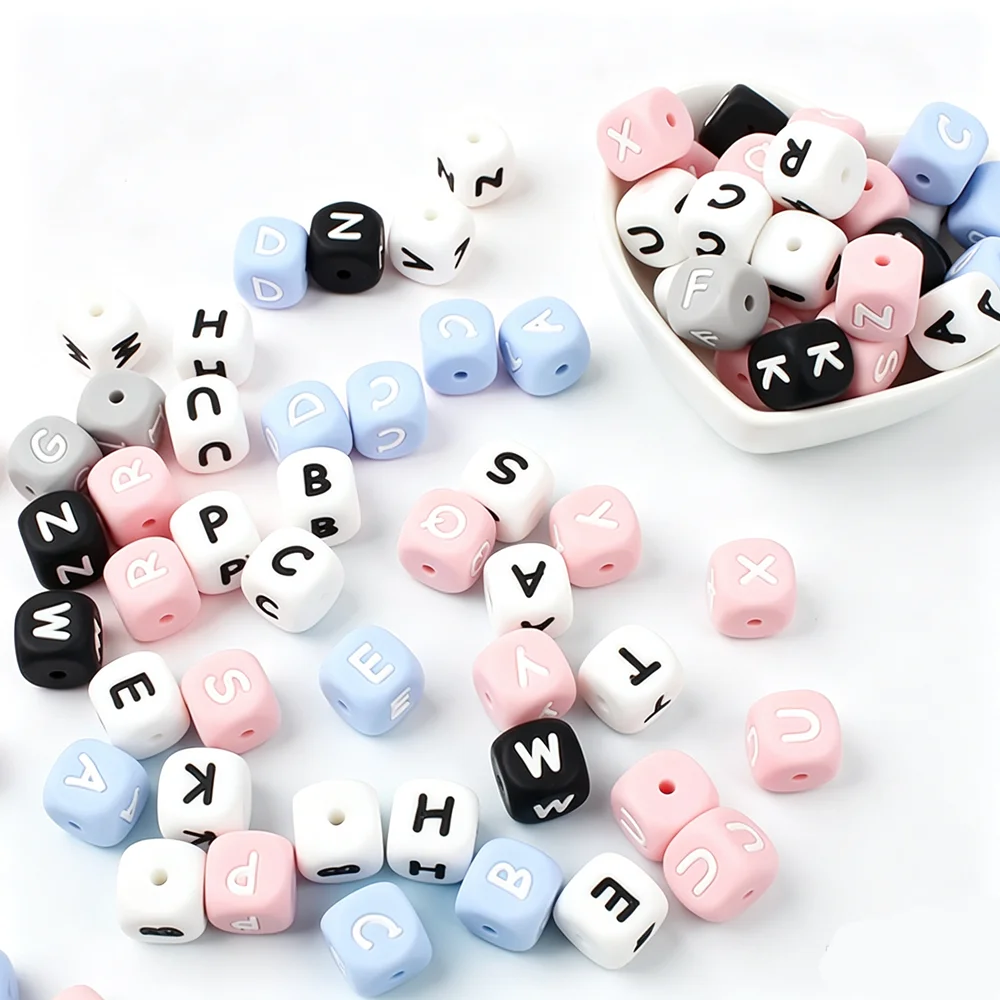 200/500/1000pcs 12mm Cube Silicone English Alphabet Beads White Black pink Blue A-Z Letter Silicone Beads for DIY Jewelry Making