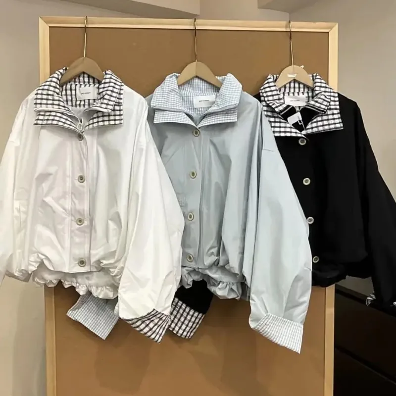 

Vintage Plaid New Patchwork Top for Women 2025 Loose Autumn Casual Jackets Fashion Trend All-match Black Cardigan Coat
