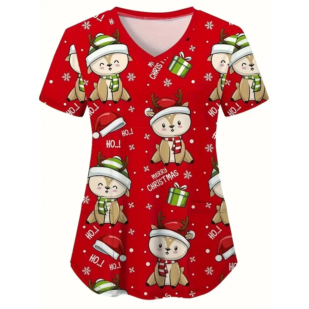 

Nurse Uniform Fashion Women's Christmas snowman Printed Short Sleeve V-neck Santa Claus Work Uniform Medical Work Uniform 2024