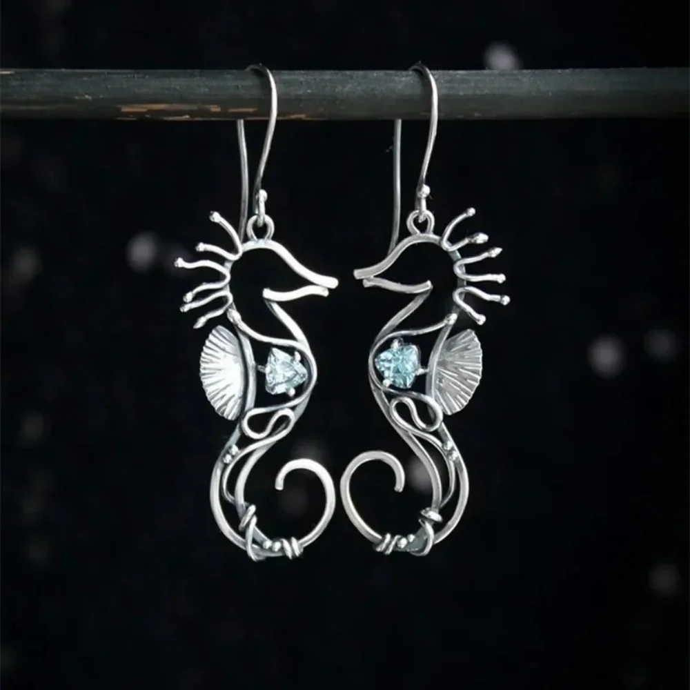 Silvery Metal Seahorse Pendant Earrings, Women\'s Creative Blue Zircon Earrings, Holiday Party Personalized Earrings