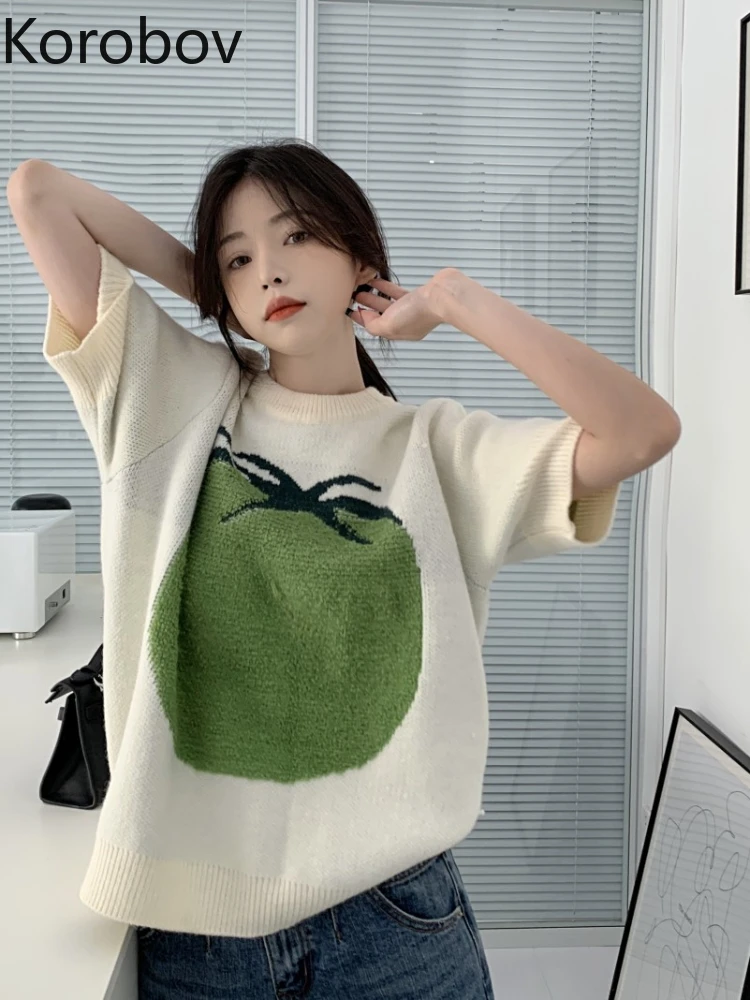 Korobov Korean Y2k Clothes Vintage New knitwears Short Sleeve Crop Tops Black Short Sleeve T-shirts Loose Fashion Camisetas