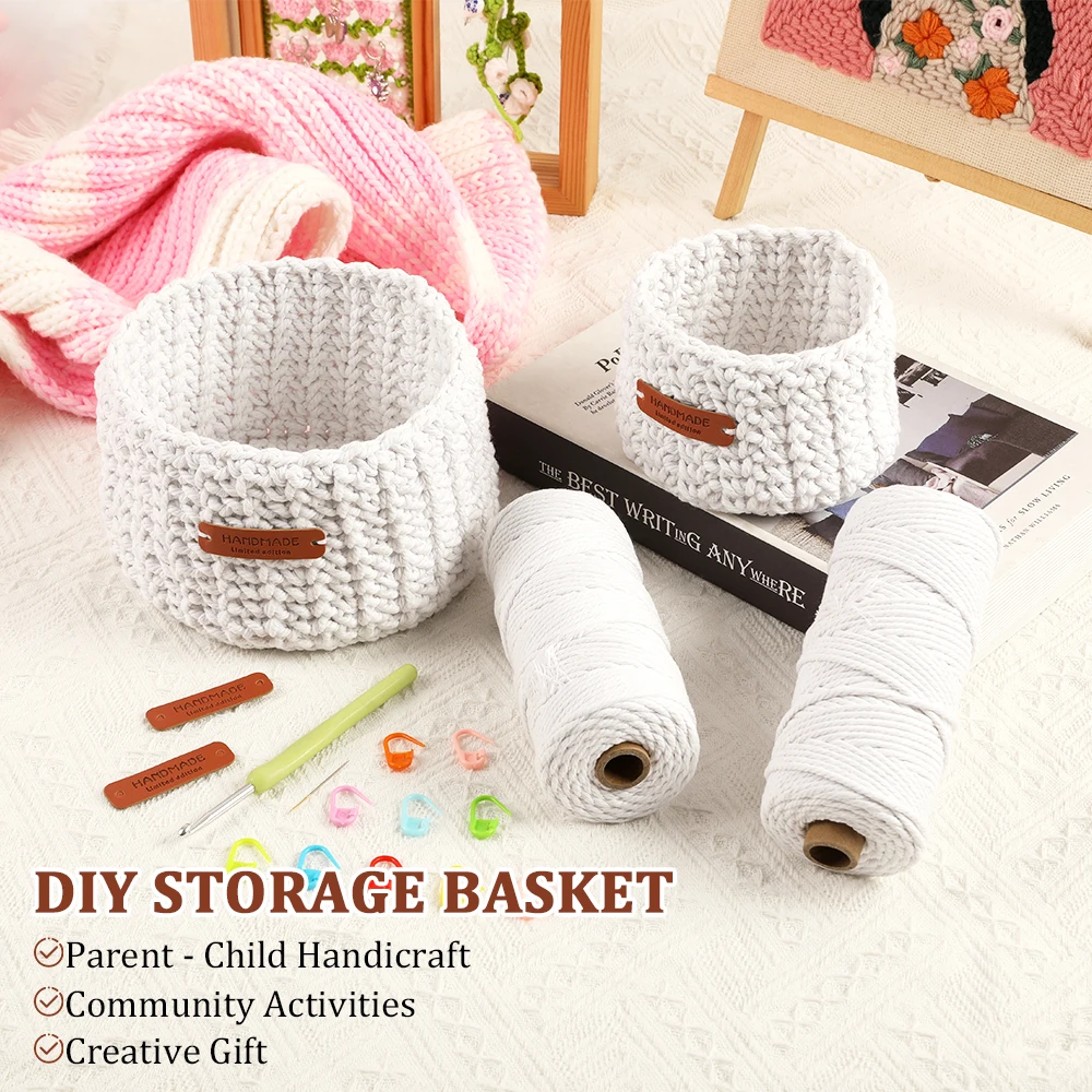 Hand Woven White Storage Basket Crocheting Knitting Kit for Beginners DIY Yarn Knitting Material Bag with Video Tutorial