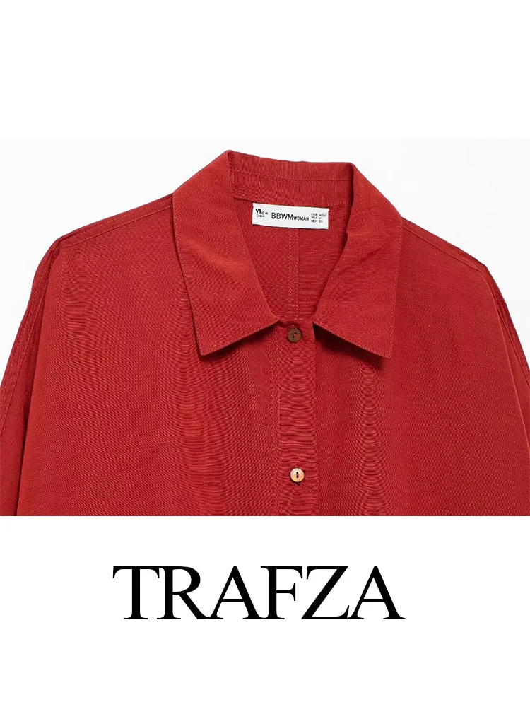 TRAFZA Summer Women Suit Turn-Down Collar Long Sleeve Single Breasted Casual Shirt+Pocket Zipper Decorate Wide Leg Pant Mujer